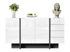 Aparador con 2 puertas y 3 cajones - 150 x 40 x 80,5 cm - MDF y tableros de partículas - Blanco brillo