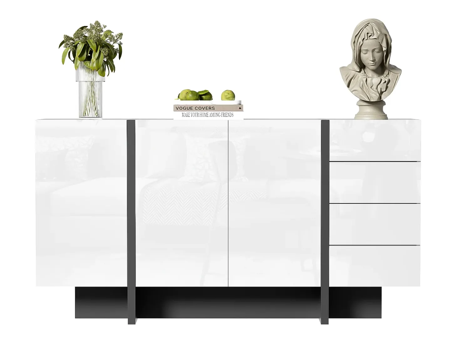 Aparador con 2 puertas y 3 cajones - 150 x 40 x 80,5 cm - MDF y tableros de partículas - Blanco brillo