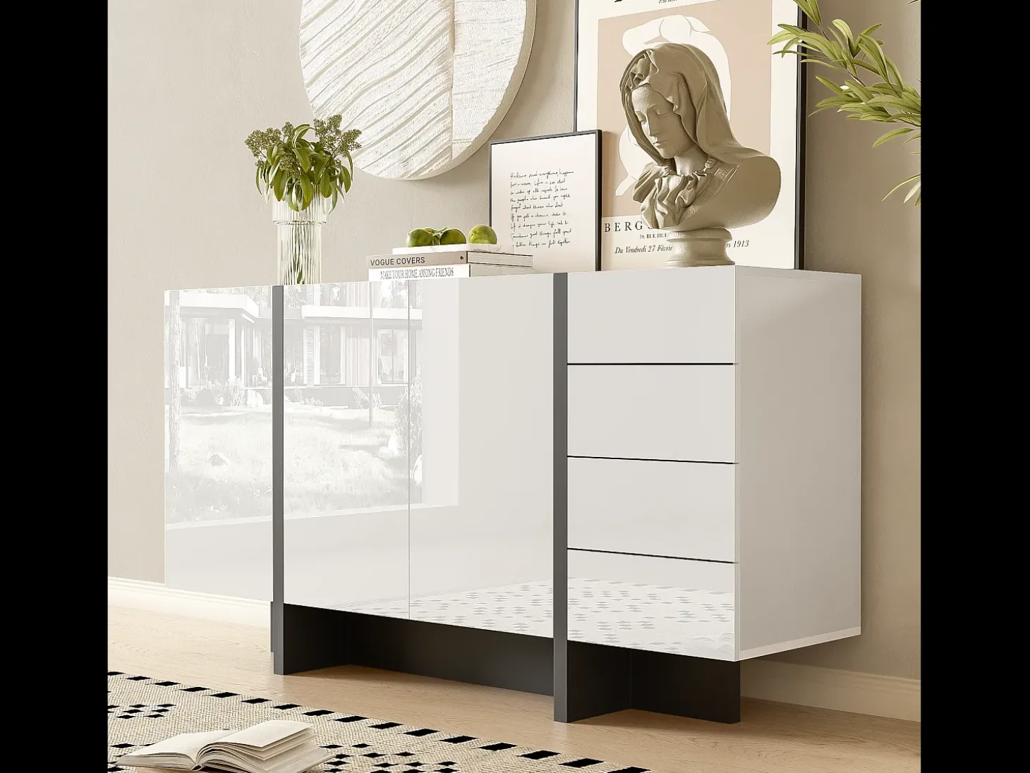 Aparador con 2 puertas y 3 cajones - 150 x 40 x 80,5 cm - MDF y tableros de partículas - Blanco brillo