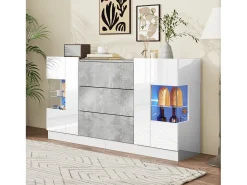 Aparador con 2 puertas y 3 cajones - 140 x 35 x 75 cm - MDF y cristal - Aspecto mármol blanco y gris brillo