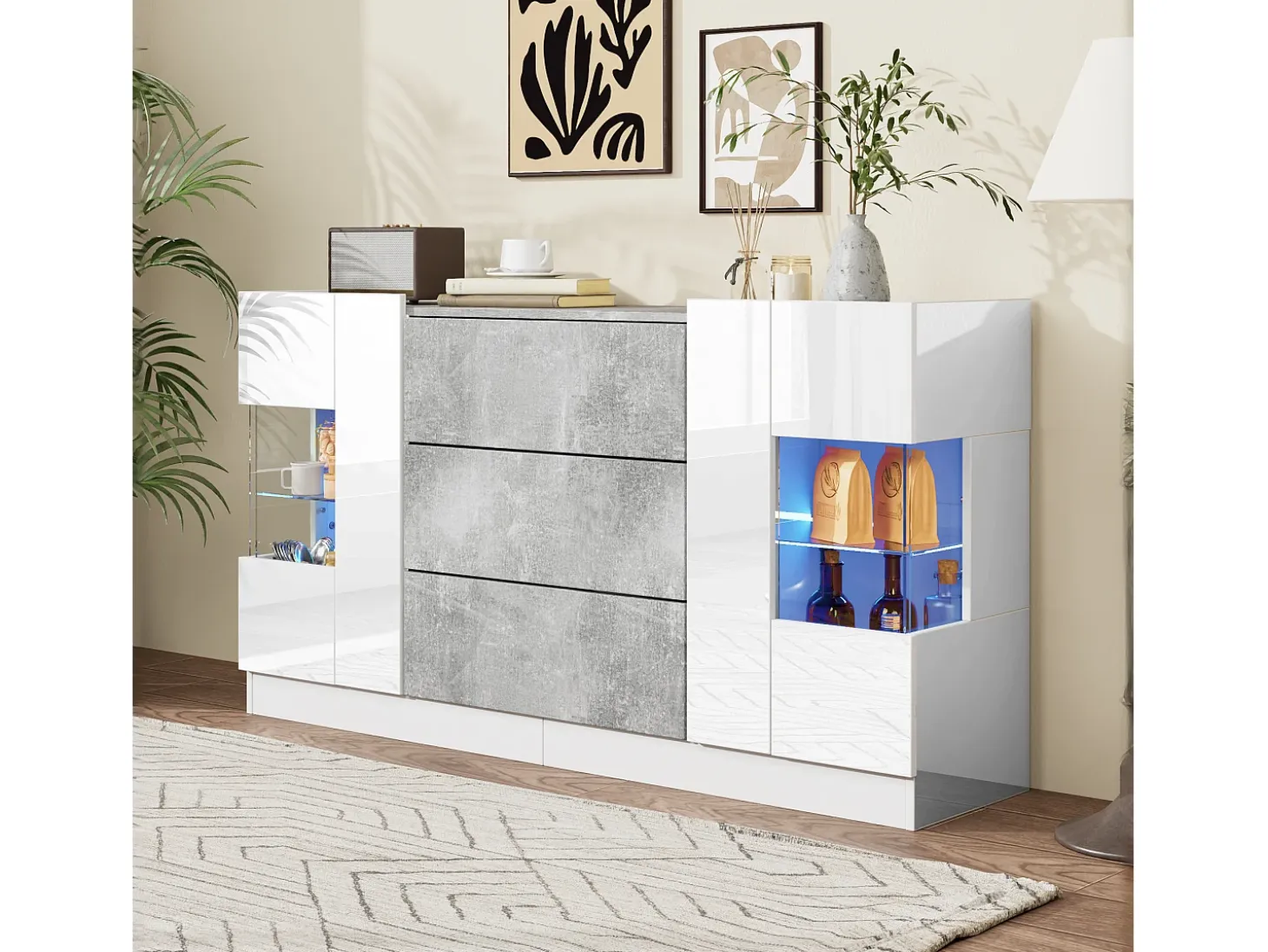 Aparador con 2 puertas y 3 cajones - 140 x 35 x 75 cm - MDF y cristal - Aspecto mármol blanco y gris brillo