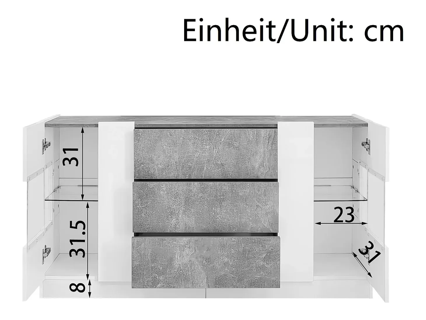 Aparador con 2 puertas y 3 cajones - 140 x 35 x 75 cm - MDF y cristal - Aspecto mármol blanco y gris brillo