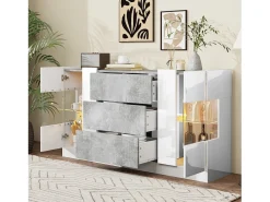 Aparador con 2 puertas y 3 cajones - 140 x 35 x 75 cm - MDF y cristal - Aspecto mármol blanco y gris brillo