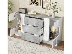 Aparador con 2 puertas y 3 cajones - 140 x 35 x 75 cm - MDF y cristal - Aspecto mármol blanco y gris brillo