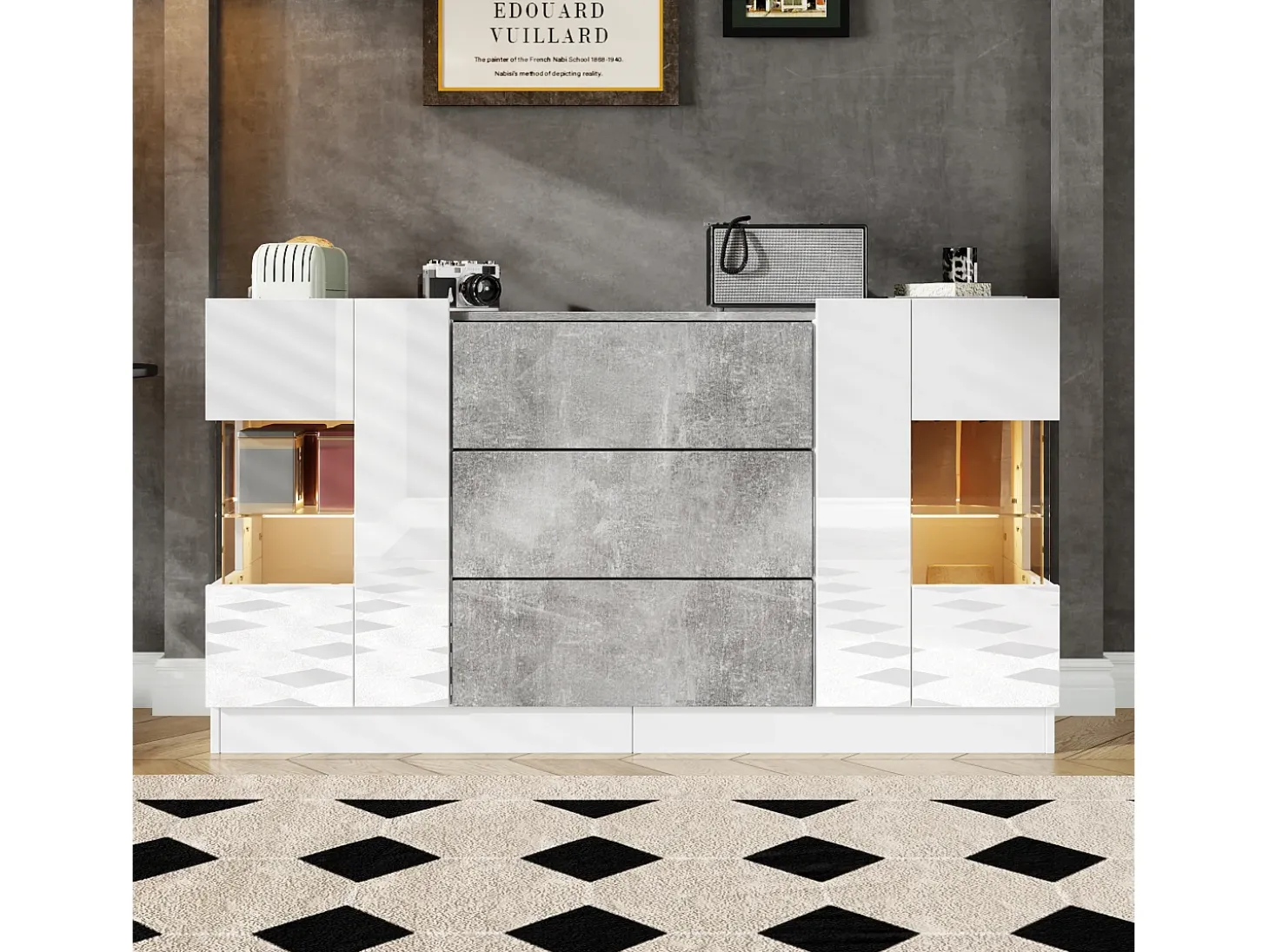 Aparador con 2 puertas y 3 cajones - 140 x 35 x 75 cm - MDF y cristal - Aspecto mármol blanco y gris brillo