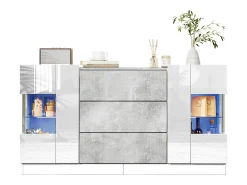 Aparador con 2 puertas y 3 cajones - 140 x 35 x 75 cm - MDF y cristal - Aspecto mármol blanco y gris brillo