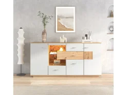 Aparador con 2 puertas y 4 cajones - estante de cristal - LEDs - colores: blanco y roble - 160x40x77cm