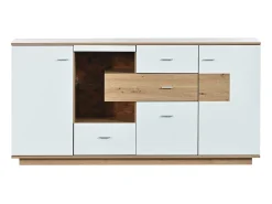 Aparador con 2 puertas y 4 cajones - estante de cristal - LEDs - colores: blanco y roble - 160x40x77cm