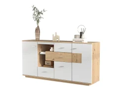 Aparador con 2 puertas y 4 cajones - estante de cristal - LEDs - colores: blanco y roble - 160x40x77cm