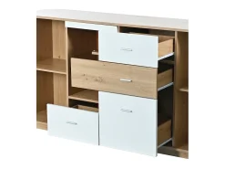 Aparador con 2 puertas y 4 cajones - estante de cristal - LEDs - colores: blanco y roble - 160x40x77cm