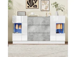 Aparador con 2 puertas y 3 cajones, diseño moderno, MDF y cristal, efecto mármol blanco y gris (140x35x75 cm)