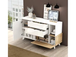 Aparador con 2 puertas y 2 cajones - 120 x 40 x 75 cm - Tablero de partículas - Blanco brillo + Roble claro