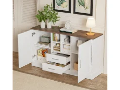 Aparador con 2 puertas y 2 cajones - 140 x 40 x 79,5 cm - Tablero de partículas - Blanco y marrón