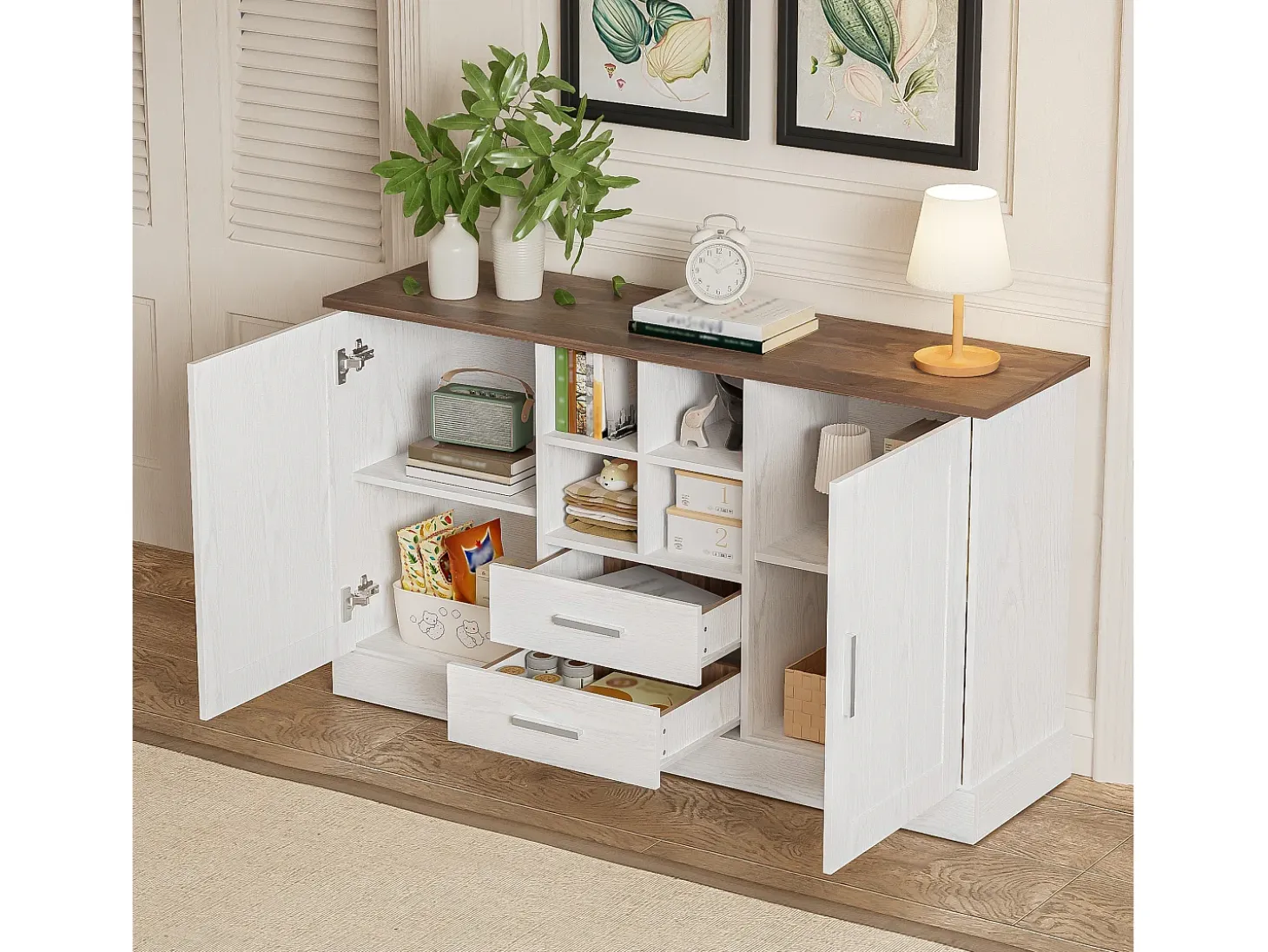 Aparador con 2 puertas y 2 cajones - 140 x 40 x 79,5 cm - Tablero de partículas - Blanco y marrón