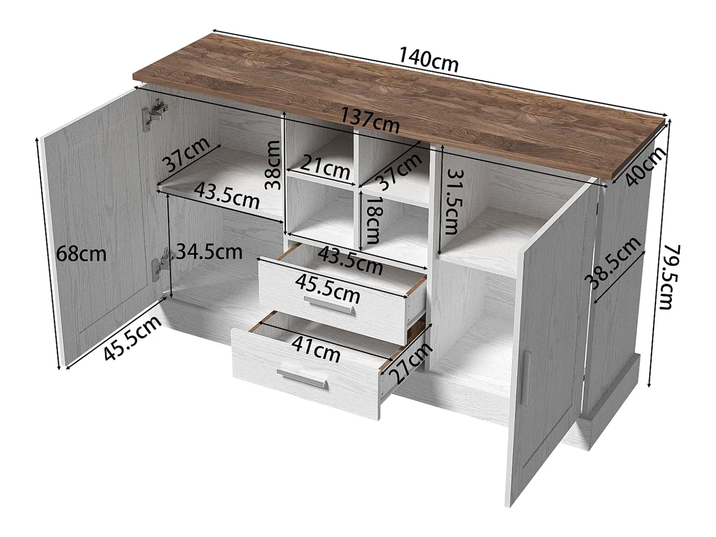 Aparador con 2 puertas y 2 cajones - 140 x 40 x 79,5 cm - Tablero de partículas - Blanco y marrón