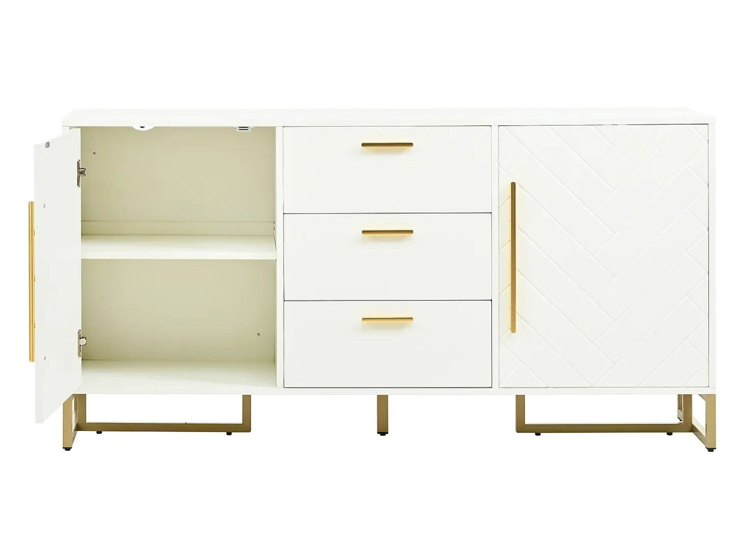 Aparador con 2 puertas y 3 cajones - Diseño en V - Blanco y dorado