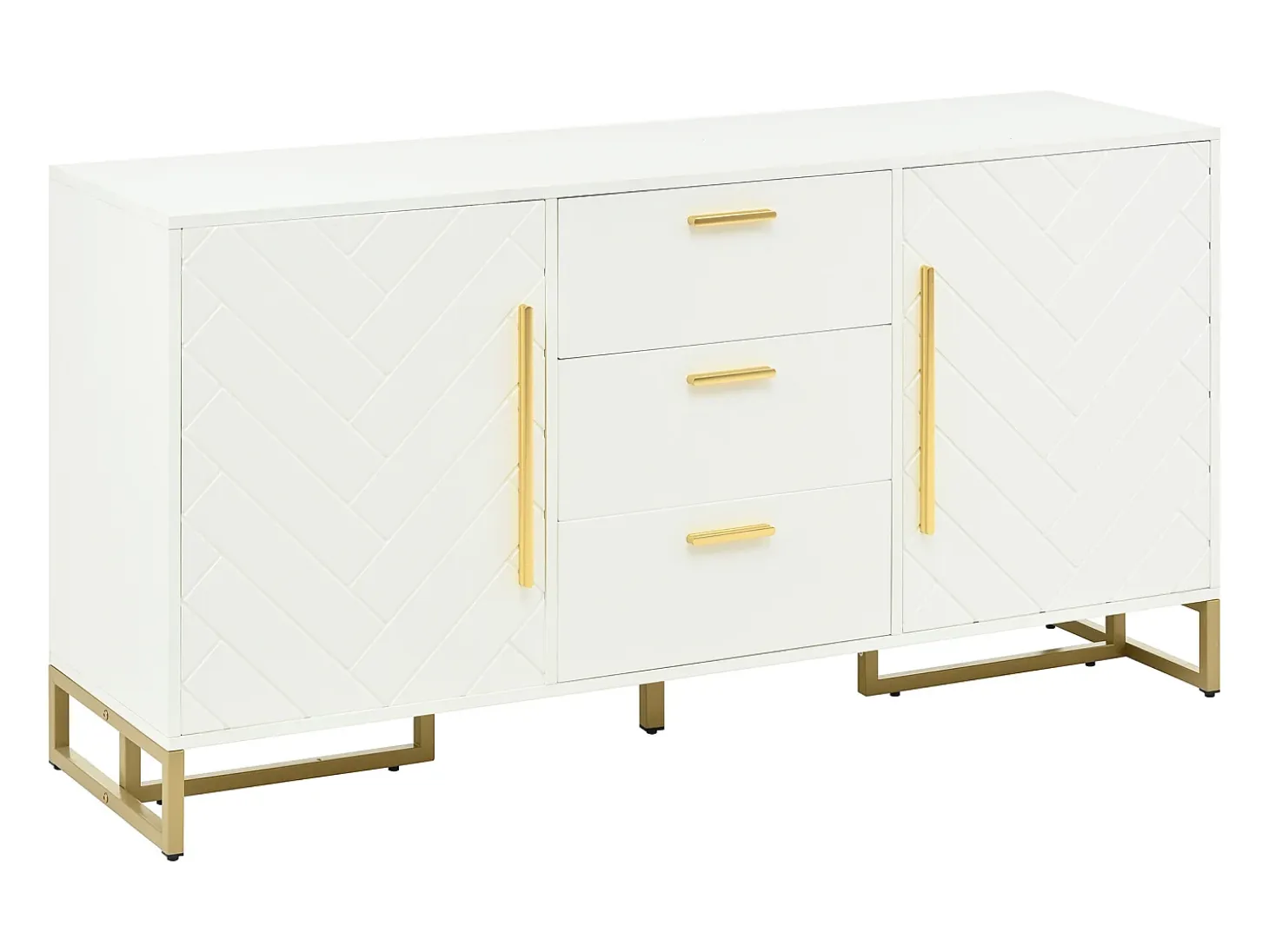 Aparador con 2 puertas y 3 cajones - Diseño en V - Blanco y dorado