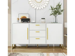 Aparador con 2 puertas y 3 cajones - Diseño en V - Blanco y dorado