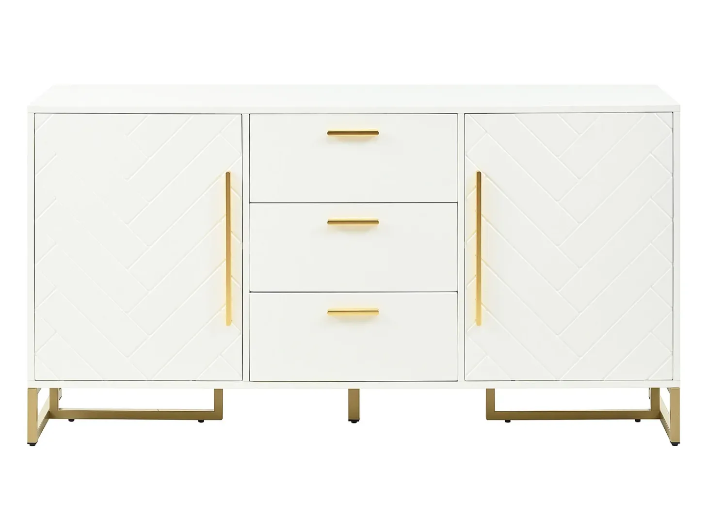 Aparador con 2 puertas y 3 cajones - Diseño en V - Blanco y dorado