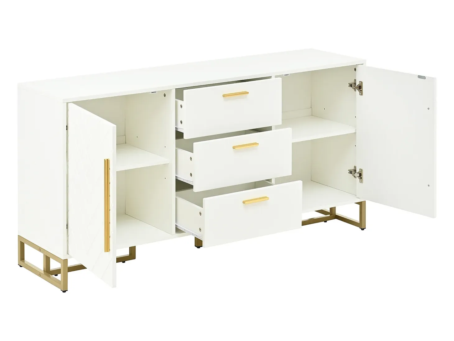 Aparador con 2 puertas y 3 cajones - Diseño en V - Blanco y dorado