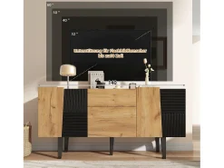 Aparador con 4 puertas y 2 cajones, mueble de TV - 140 x 40 x 70 cm - Tablero de partículas y patas de madera maciza - Roble