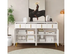 Aparador con 4 puertas y 4 cajones - 140 x 37,8 x 82 cm - Tiradores y pies de madera MDF y oro - Blanco