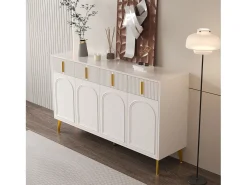 Aparador con 4 puertas y 4 cajones - 140 x 37,8 x 82 cm - Tiradores y pies de madera MDF y oro - Blanco
