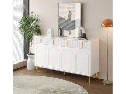 Aparador con 4 puertas y 4 cajones - 140 x 37,8 x 82 cm - Tiradores y pies de madera MDF y oro - Blanco
