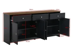 Aparador con 4 puertas y 3 cajones - mueble de almacenaje - mueble de madera - gris negro (160x37x75 cm)