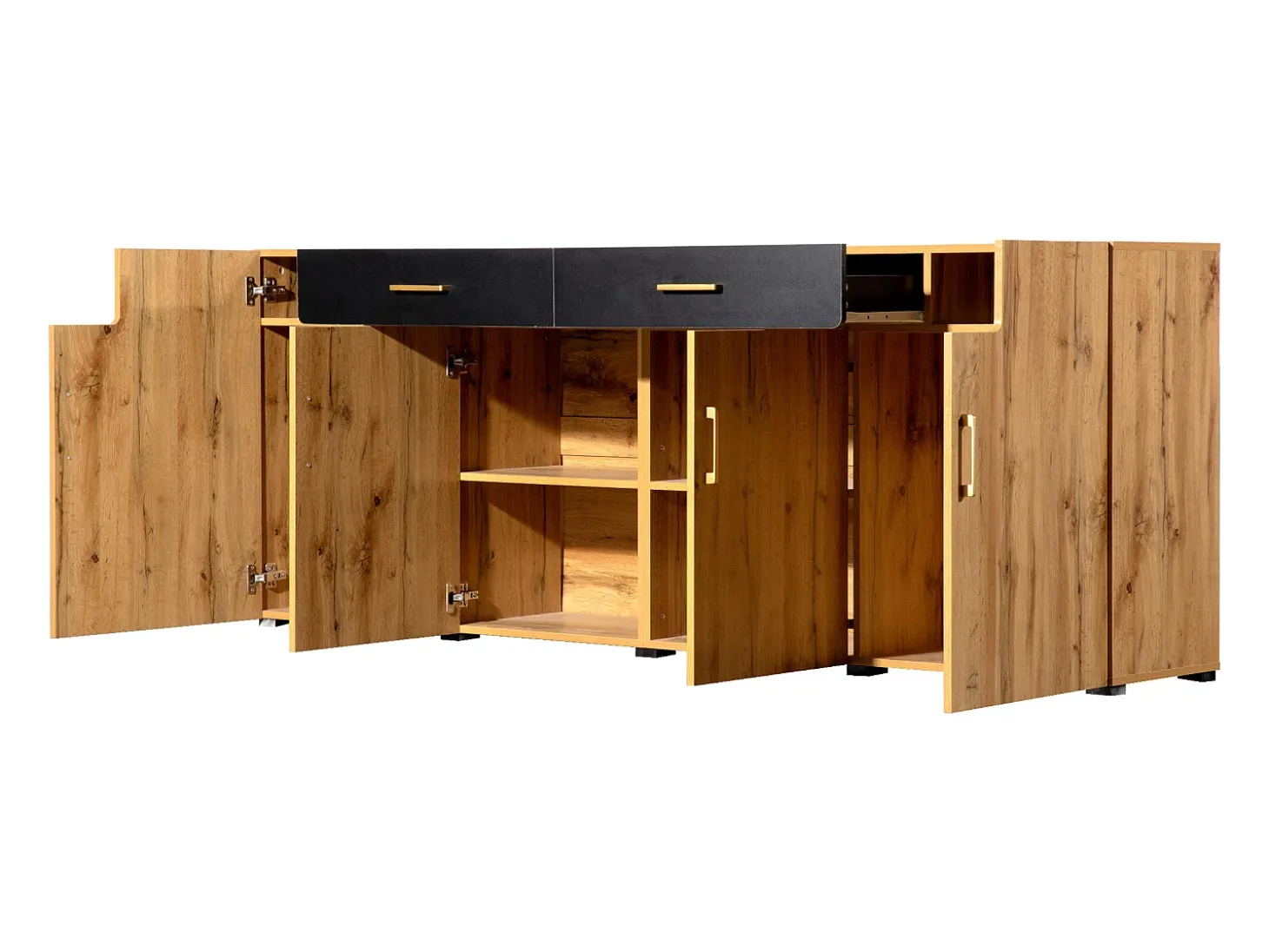 Aparador con 4 puertas y 2 cajones - Madera PB - Natural claro y negro