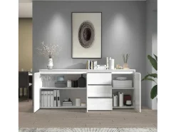 Aparador con cajonera Magic de 3 puertas y 3 cajones blanco brillo 200x40x85 cm