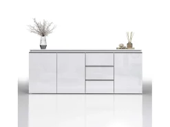 Aparador con cajonera Magic de 3 puertas y 3 cajones blanco brillo 200x40x85 cm