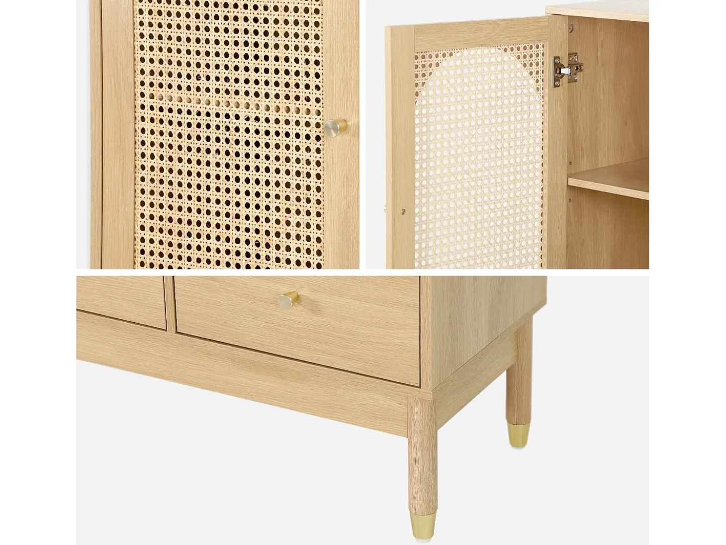 Aparador con decoración de madera y mimbre 1 puerta, 75cm natural