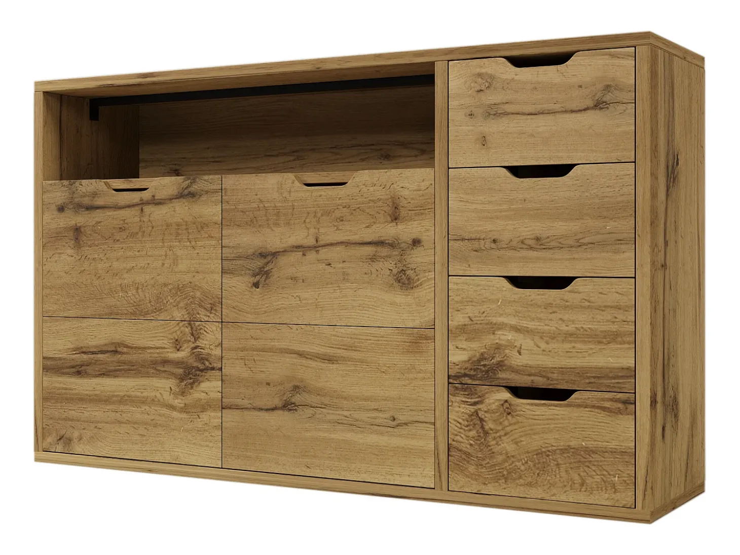 Aparador con estante abierto, 2 puertas y 4 cajones - Color madera 150x40x90 cm