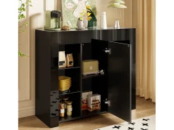 Aparador con frente brillante - 95 x 35 x 83,5 cm - con estantes de cristal + puerta - aglomerado - negro