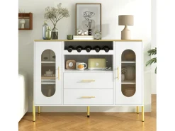 Aparador con frentes de cristal - 120 x 38 x 90 cm - con 2 cajones - Patas regulables - MDF - blanco