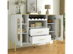 Aparador con frentes de cristal - 120 x 38 x 90 cm - con 2 cajones - Patas regulables - MDF - blanco