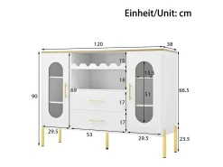 Aparador con frentes de cristal - 120 x 38 x 90 cm - con 2 cajones - Patas regulables - MDF - blanco