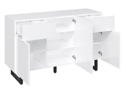 Aparador con iluminación LED, 3 puertas y 2 cajones - Patas metálicas - Blanco
