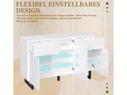 Aparador con iluminación LED, 3 puertas y 2 cajones - Patas metálicas - Blanco