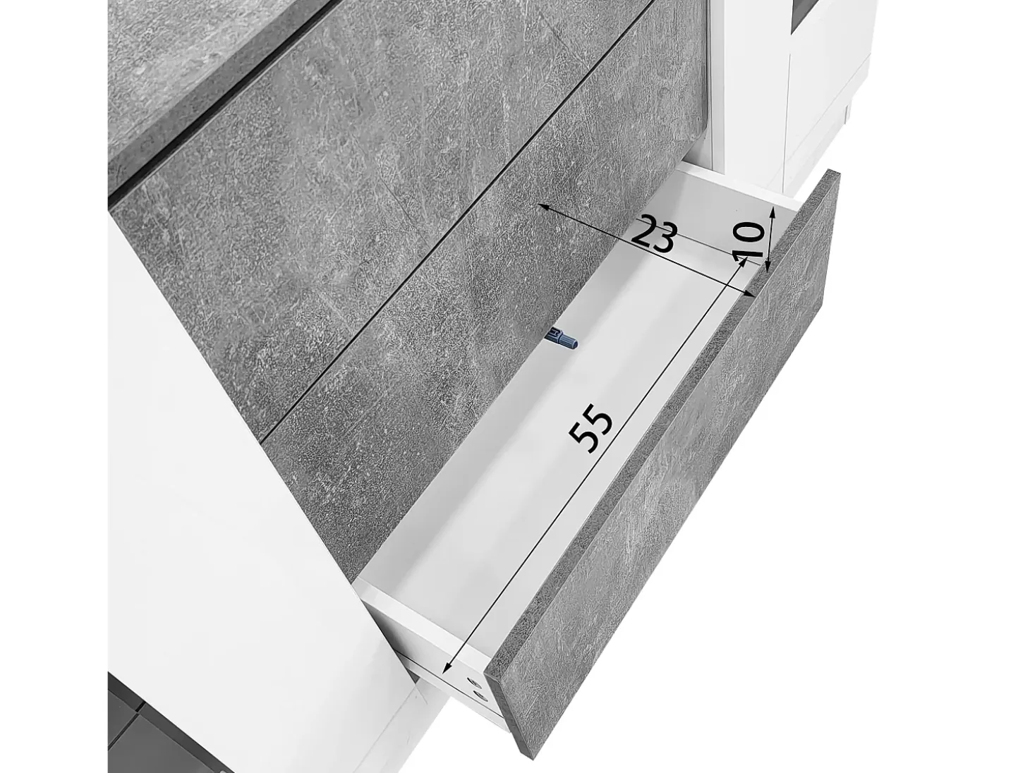 Aparador con LED - 2 puertas y 3 cajones - frente blanco brillo y efecto mármol gris - Blanco