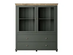 Aparador con LED integrados colección ASSIA. Color verde y roble. 2 Puertas y 2 Cajones.