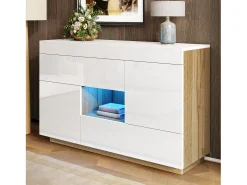 Aparador con LEDs multicolor, diseño lacado, con 2 puertas y 2 cajones, tablero de partículas, blanco (120x76,5x35 cm)