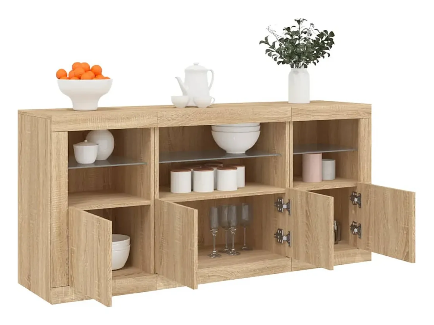 Aparador con luces LED roble Sonoma 142,5x37x67 cm ES662907