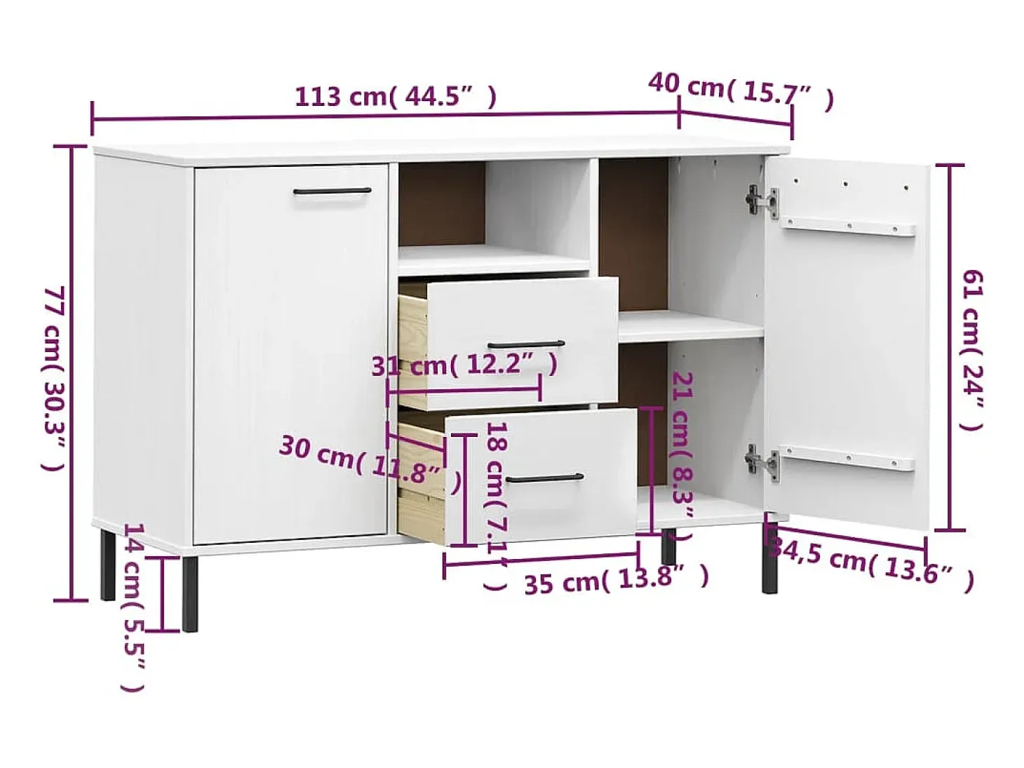 Aparador con patas de metal Blanco 113x40x77 cm Madera maciza OSLO