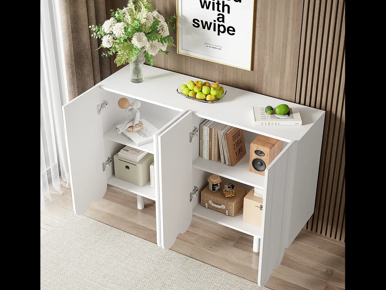 Aparador con puertas talladas en forma de gota, diseño moderno, MDF, blanco (120x37,5x80,8 cm)