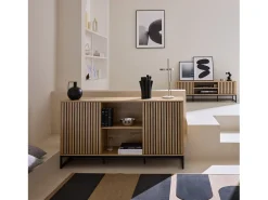 Aparador contemporáneo acanalado efecto madera de 2 puertas, 140cm