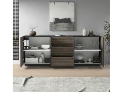 Aparador Coste con 4 puertas y 3 cajones en color antracita mate y madera oscura 220,1x43x86 cm