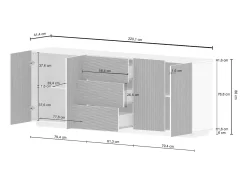 Aparador Coste con 4 puertas y 3 cajones en blanco mate y madera clara 220,1x43x86 cm