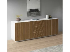 Aparador Coste con 4 puertas y 3 cajones en blanco mate y madera clara 220,1x43x86 cm